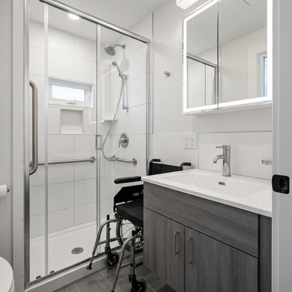 Haven bathroom with roll-in shower and grab bars