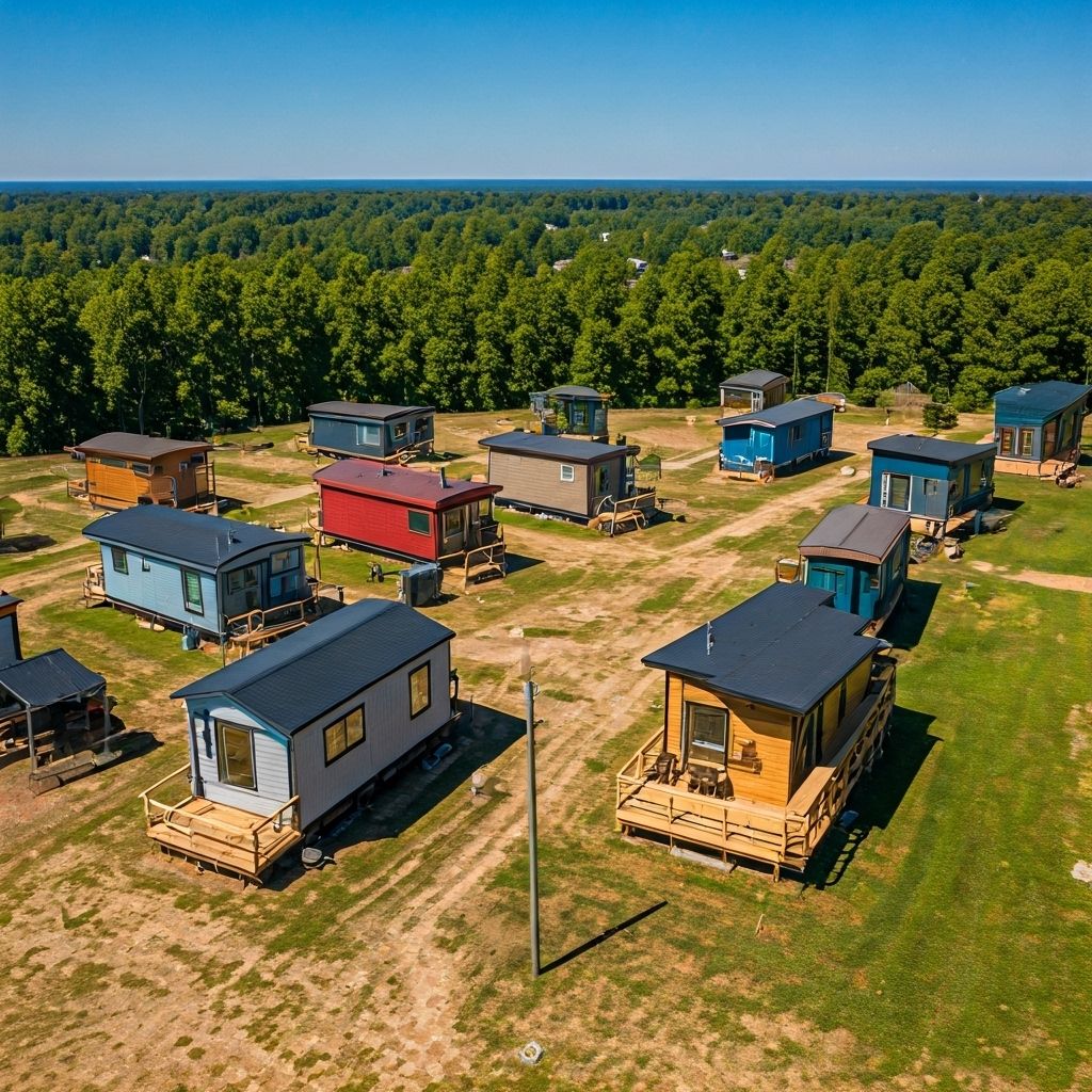 Aerial view of multiple tiny homes on land