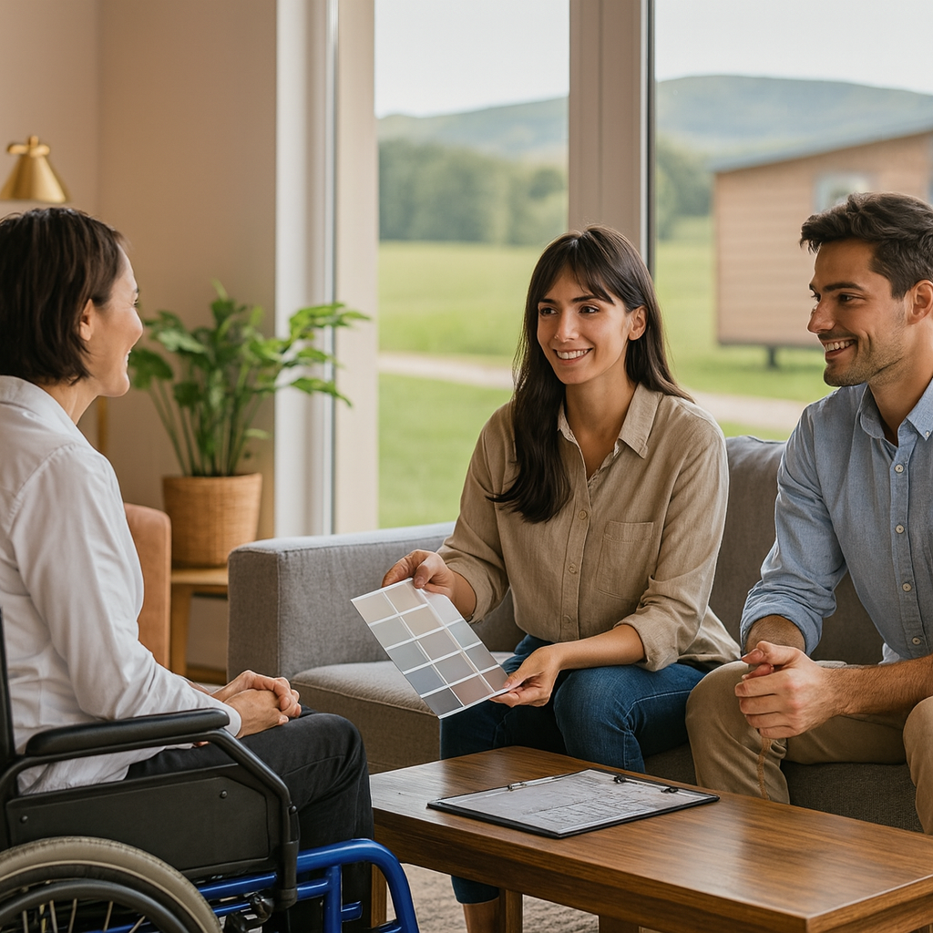 Inclusive design consultation showing Haven team member meeting with couple including person in wheelchair, reviewing material samples and design plans in bright modern interior