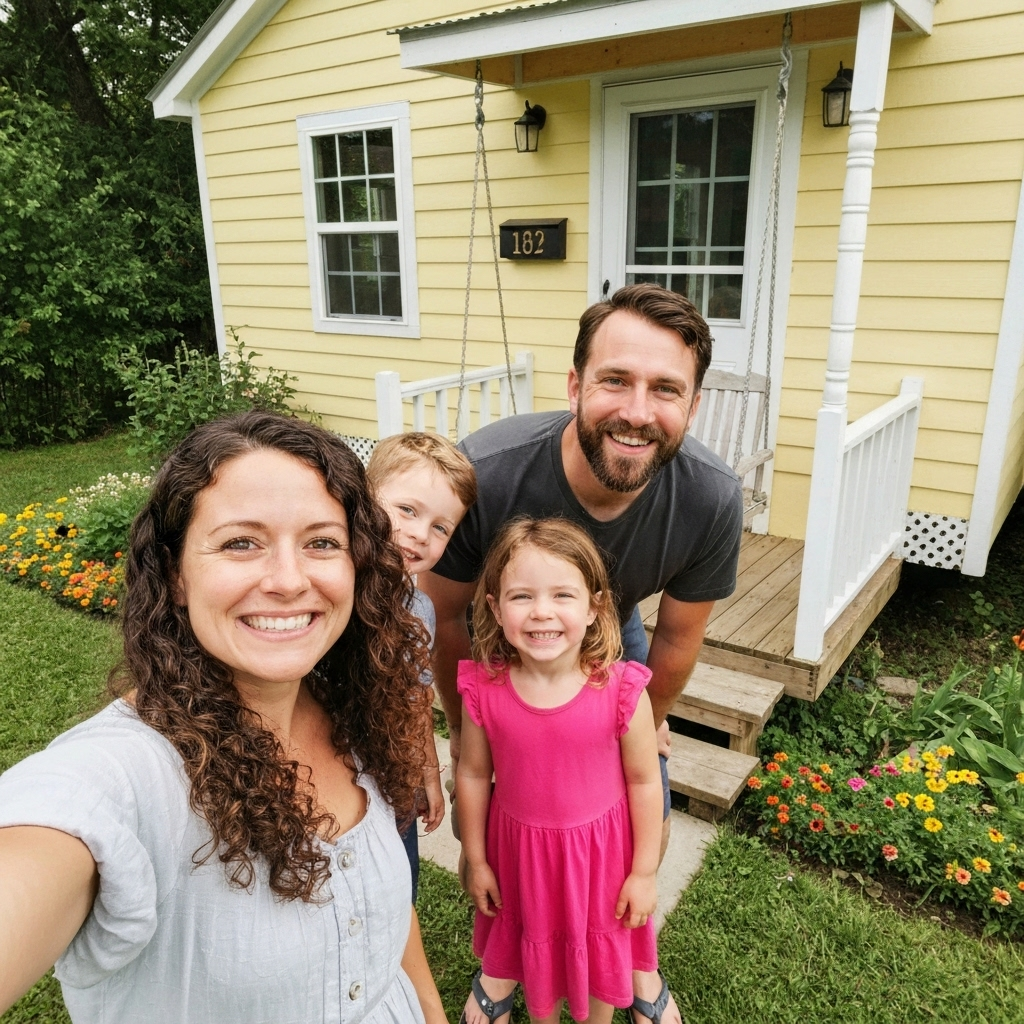 Happy family outside their Haven tiny home