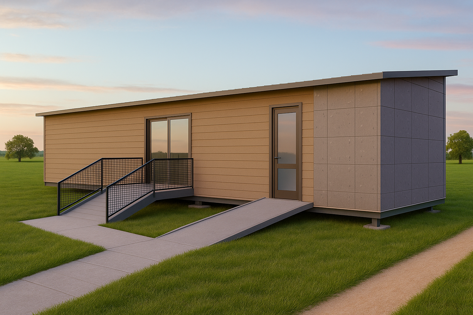 Modern Haven tiny home with wheelchair accessible ramp, black metal railings, and wide entrance door set in peaceful outdoor setting
